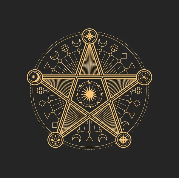 エソテリックでオカルトな五角形 マソンまたはタロット記号 三日月 太陽または星 目とクロスベクトル神聖な星印 占星術のお守り 隔離されたタロットカード精神的な魔法のお守り — ストックベクタ