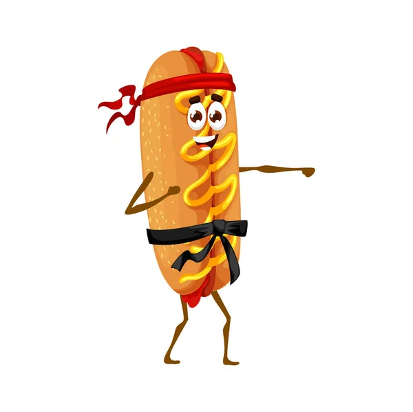 Cartoon Hot Dog Figur Auf Karate Sport Training Vektor Fastfood — Stockvektor