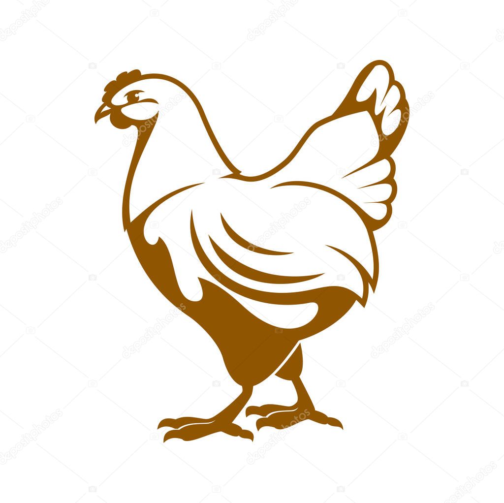 Hen icon. Chicken farm and poultry meat market emblem. Domestic bird farm graphic icon, livestock agriculture vintage symbol or poultry meat production company vector icon with hen