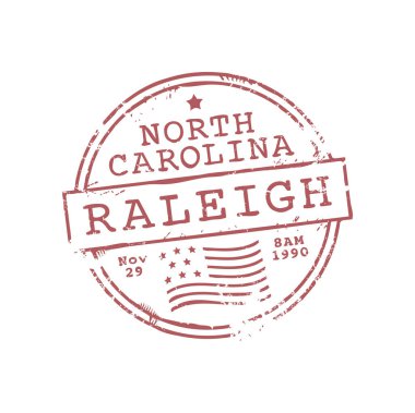 Raleigh North Caroline posta ücreti ve posta pulu. Zarflı mermi mührü, posta amblemi. ABD uluslararası posta denetim işareti