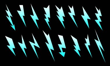 Blue light flare and flash effect. Lightning bolt strike, electricity power discharge or high voltage impact, thunderstorm, stormy and rainy weather forecast, magical energy blast vector symbols set clipart