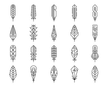 Feather line icons, plume light feathers or lightweight smooth quills, vector symbols. Bird feather outline icons in thin line art, bird quill with geometric ornament pattern or ethnic Boho decoration clipart