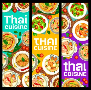 Tayland mutfağı yemek afişleri, Tayland yemekleri ve Asya yemekleri, vektör menüsü. Tayland mutfağı Tom Yum hindistan cevizi çorbası, karidesli erişte ve karides ve sebze salatası pişirme tarifi.