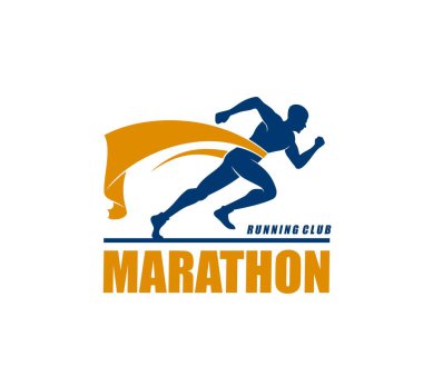 Maraton koşu sporu ikonu, spor yarışma sembolü. Atletizm kulübü, spor salonu ya da maraton yarışma vektör sembolü. Koşu yarışı ya da koşu kulübü simgesi ya da bitiş çizgisini geçen erkek atletle imza.