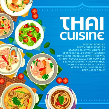 Tayland mutfağı menü kaplama şablonu, vektör Asya yemekleri ve yemekler. Tayland mutfağı geleneksel karidesli şehriye, Tayland soslu sebze salatası ve Hindistan cevizli karides Tom Yum çorbası.