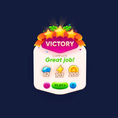Altın yıldızlı ve ödüllü zafer işareti pankartı, vektör mobil arayüz arayüzü arayüzü arayüzü. Oyun bonusu puanları ve atari oyununun seviyesi veya tamamlanması için ödülleri olan zafer iyi iş afişi