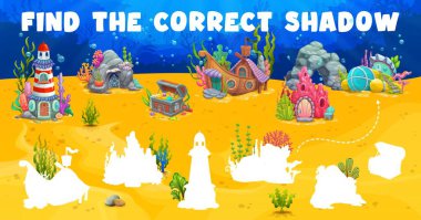 Ev binaları olan karikatür çizimleri. Konutun doğru gölgesini bul. Benzerlik araması yapan çocuklar etkinlik, gölge eşleşmesi vektör testi veya silueti su altı ev ile bulmaca buluyorlar