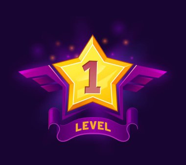 Game level up star badge and win icon. Gambling app UI victory prize symbol, game task complete award vector icon or arcade success winner sign. Casino achievement or rating winged golden star clipart