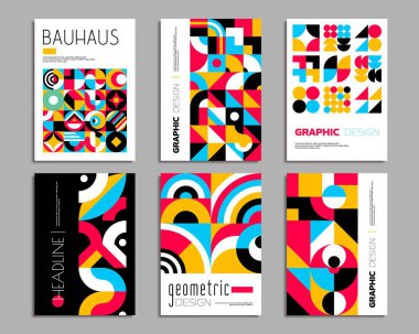 Bauhaus posterleri. Geometrik soyut arkaplan kalıpları ve minimum soyut şekiller. Kalın tipografi ve ilkel elementleri daireler, üçgenler ve kareler olarak gösteren vektör vintage sanat düzeni şablonları