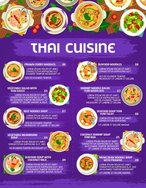 Tayland mutfağı menüsü, Tayland yemekleri, erişte ve çorbalar, geleneksel Asya yemekleri. Tayland restoranının menüsünde karides ve karidesli erişte, hindistan cevizi veya Tom yum ve sebze mantarı çorbası var.