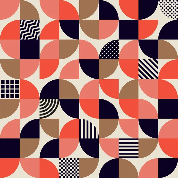 現代の幾何学模様 バウハウスやスキャンディナヴィアのグリッドの背景 抽象ベクトル幾何学赤 ピンク 白のパレットの色の最小限の単純なラウンドセグメントと正方形の形状 — ストックベクタ