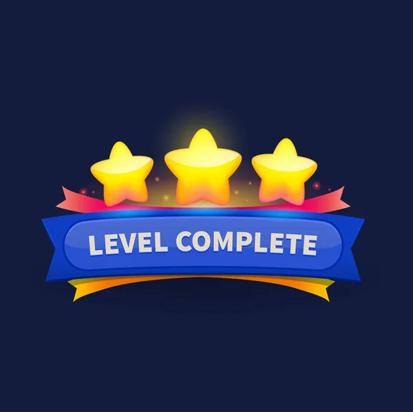 Game Level Complete Badge Icon Golden Stars Isolated Gui Popup — Stock Vector