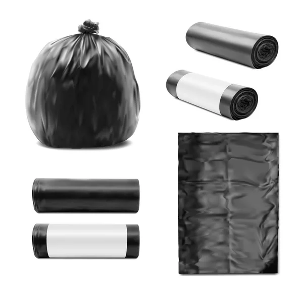 Black Plastic Garbage Bags Trash Bin Rolls Wastes Sacks Vector — Stock Vector