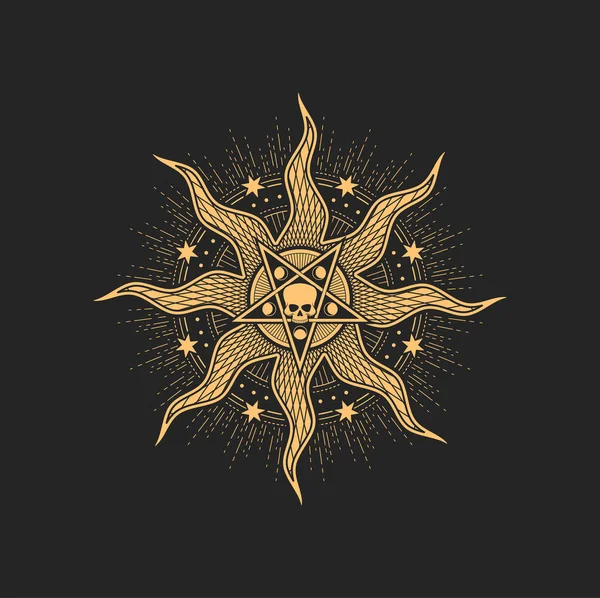 Sonne Pentagramm Menschlicher Schädel Und Sterne Esoterisches Okkultes Zeichen Vektor — Stockvektor