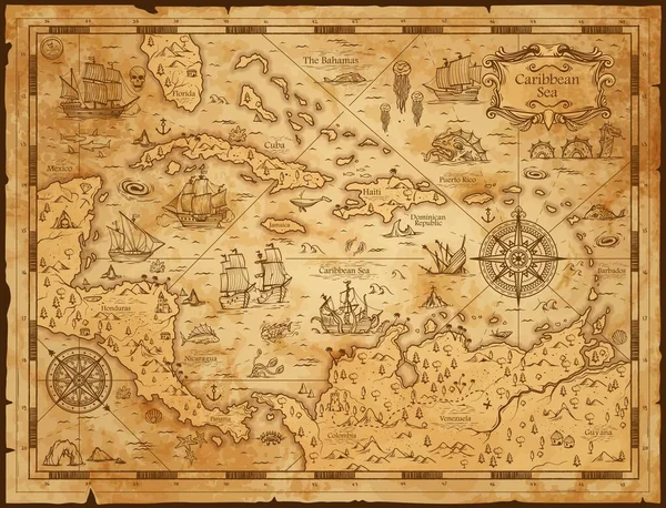 古老的加勒比海古地图 矢量带着船只 岛屿和陆地的羊皮纸 风向上升 风向日新月异 幻想世界 古董纸 附有旅游景点和怪物的海盗地图 — 图库矢量图片