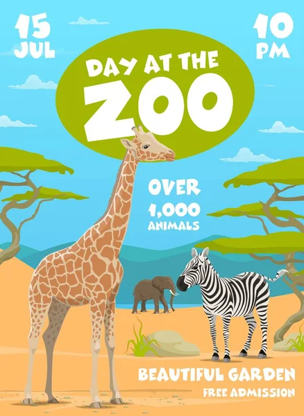 stock vector Zoo flyer with African savannah safari animals, Africa wild animals vector poster. Natural park or zoo for kids entertainment, flyer with African elephant, zebra and giraffe in savannah forest