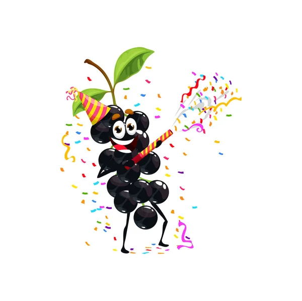 卡通鸟樱桃性格 生日假期 快乐健康的浆果人在庆祝聚会上拍花瓣 喜庆的水果 头戴喜庆的帽子 带着派对装饰品和糖果玩得很开心 — 图库矢量图片