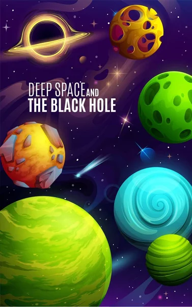 Planetas Galaxias Dibujos Animados Afiche Del Espacio Profundo Exploración Astronómica — Vector de stock