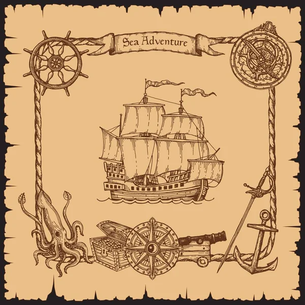 해적선의 프레임을 스케치하는 반사기가고 찢어진 베이지 파피루스에 재료와 오징어를 넣었다 — 스톡 벡터