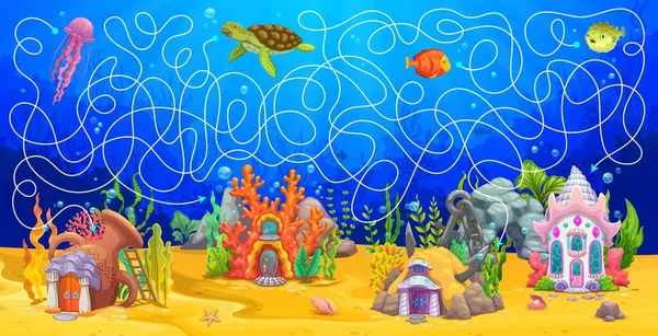 迷路ゲーム 漫画水中の風景や海の家の建物 子供のパズルを検索し ベクトルワークシートや子供の迷路の謎を見つける面白いクラゲ 魚やファンタジーの家で — ストックベクタ