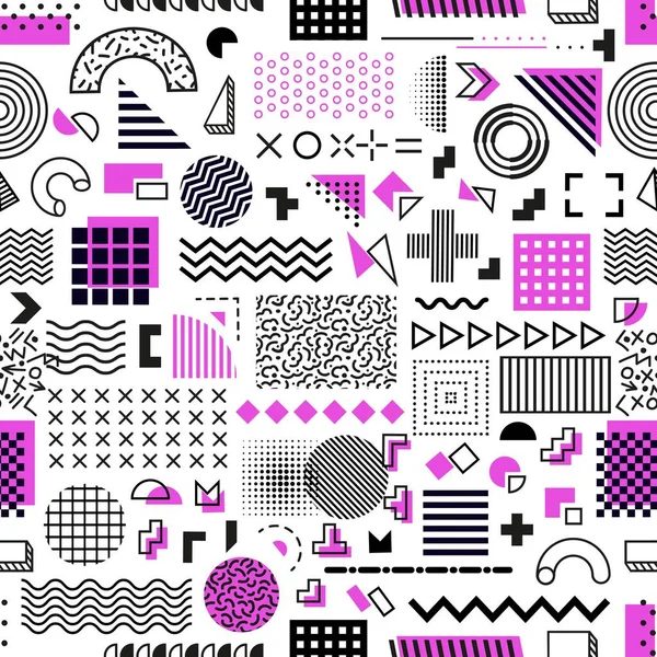 メンフィス幾何学的な形状シームレスなパターン 抽象的なライン要素のベクトル背景 三角形と紫色のドット レトロアートや現代の流行のパターン形状のメンフィス幾何学的なパターン — ストックベクタ