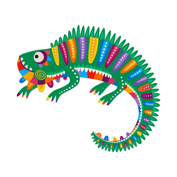 Söt Ödla Karaktär Tecknad Mexikansk Kameleont Med Stamavtryck Vektor Ljus — Stock vektor