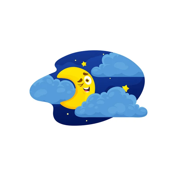 Cartoon Moon Character Clouds Vector Funny Celestial Personage Night Blue — Stock Vector