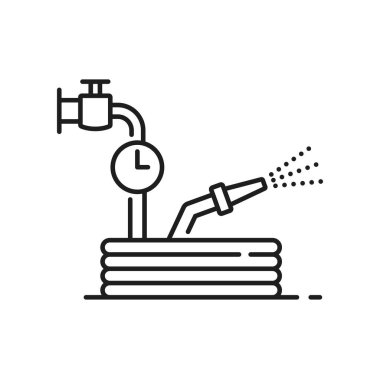 Su hortumu, tarım arazisi sulama sistemi simgesi. Bahçe sulama otomatik sistem ekipmanı veya tarım arazisi sulama teknolojisi vektör ikonu. Çiftlik suyu serpintisi çok az işaret ya da piktogram yayar.