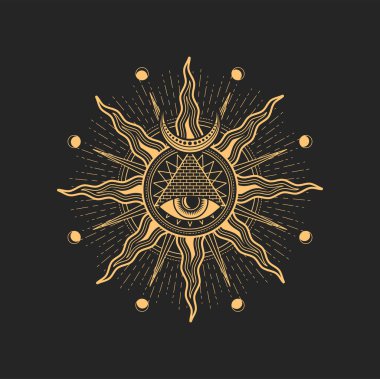 Mısır piramidi ve Güneş 'teki her şeyi gören göz. Hilal şeklinde gizemli bir pentagram ya da sihirli tarot işareti olan. Ruhsal sihirli amblem, izole simya sembolü. Işıl ışıl parlayan güneş yıldızı