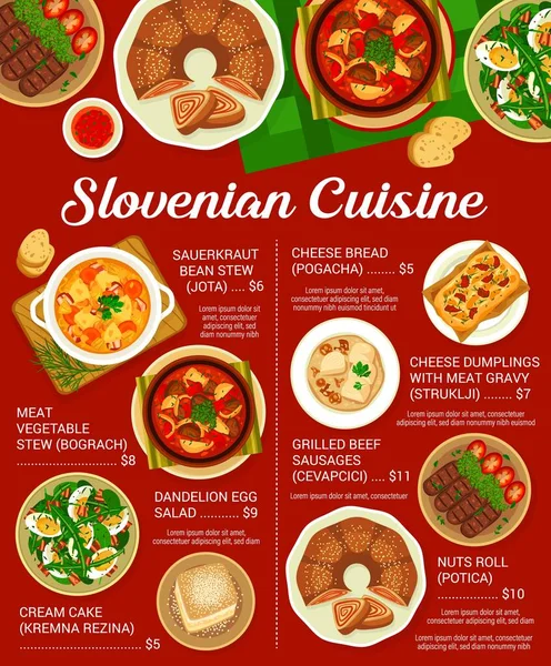 Slovenian Cuisine Restaurant Menu Page Grilled Beef Sausages Cevapcici Stew — Stock Vector