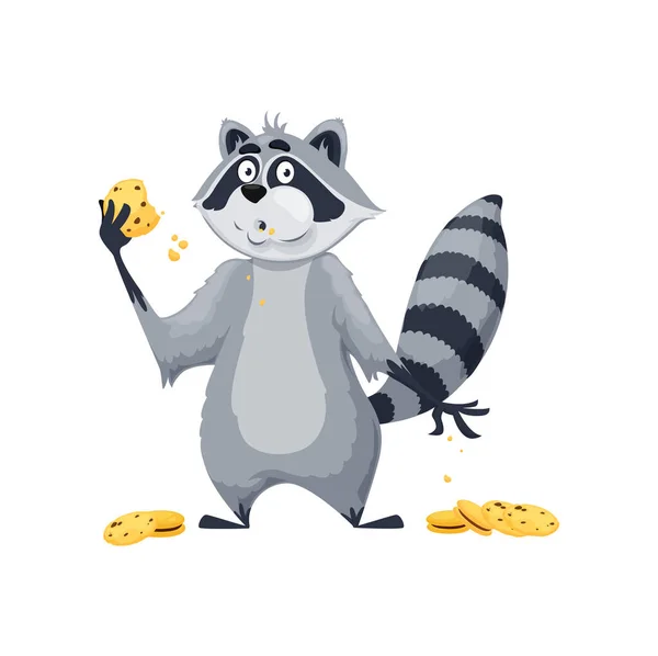 Cartoon Raccoon Character Comical Cute Baby Animal Personage Eating Cookies — Stock Vector