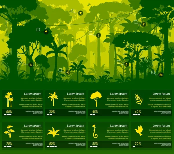 Jungle Δάσος Silhouette Infographics Για Τροπικά Δέντρα Και Φυτά Φύση — Διανυσματικό Αρχείο