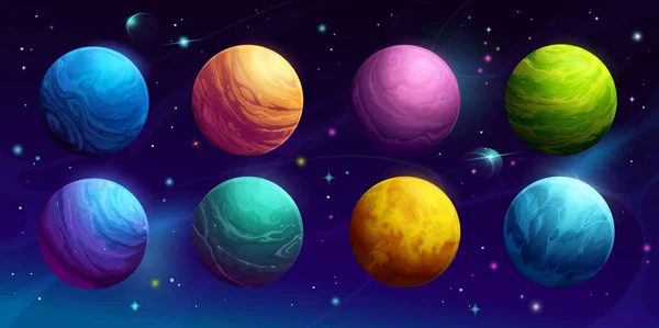 Kreskówkowe Planety Kosmiczne Niebie Galaktyki Lub Fantazji Obcych Światów Tło — Wektor stockowy