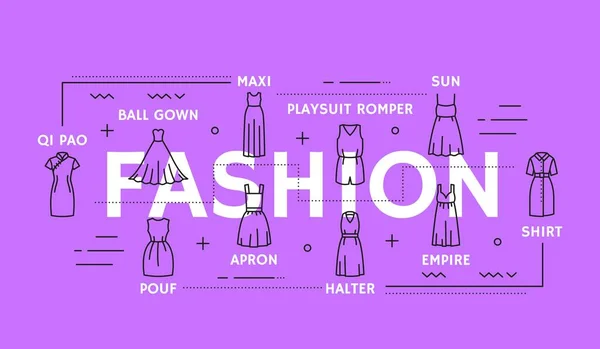 Μόδα Γυναίκα Γραμμή Φορέματα Infographics Διάνυσμα Γυναικεία Ρούχα Και Εικονίδια — Διανυσματικό Αρχείο