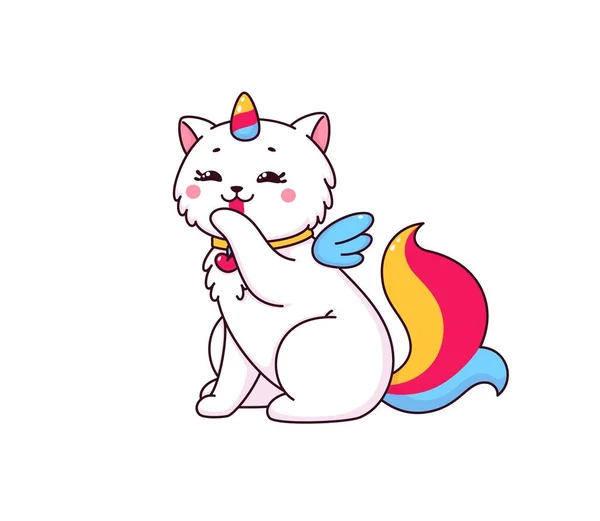 Cartoon Cute Caticorn Character Rainbow Unicorn Horn Tail Licking Its — Stock Vector