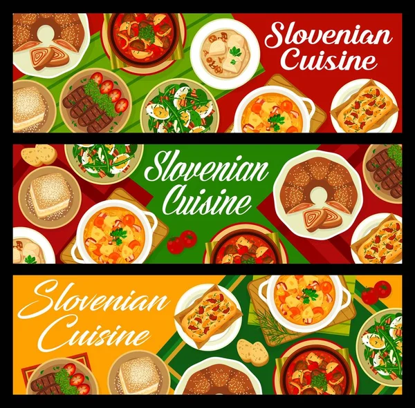 Slowenische Küche Essen Banner Sauerkraut Bohneneintopf Ota Fleisch Gemüseeintopf Bograch — Stockvektor