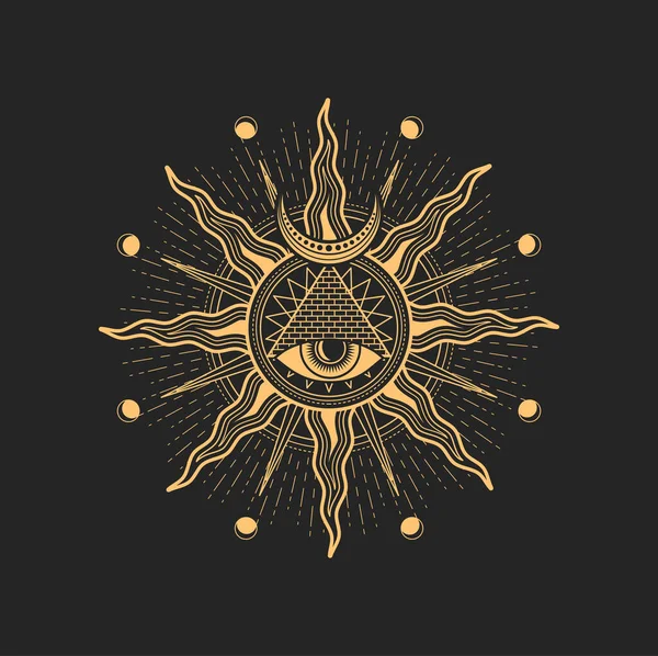 Wszechwidzące Oko Egipskiej Piramidzie Słońcu Półksiężycem Ezoterycznym Pentagramem Okultystycznym Lub — Wektor stockowy