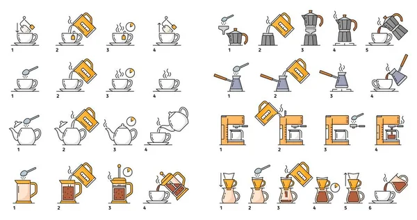 煮茶和咖啡 准备说明 茶袋和新鲜咖啡的酿造 一步一步的矢量指示与浓缩咖啡机 过滤器 法国媒体和莫卡 Cezve轮廓象形图 — 图库矢量图片