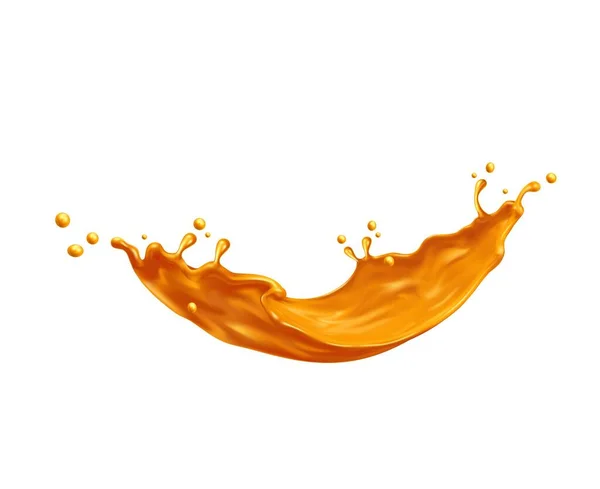 黄金の波の流れスプラッシュ 金油や甘いキャラメルシロップのスプラッタ 現実的なベクトルの背景 長い流れやオレンジジュースの黄金の波スプラッシュは キャンディーキャラメルやトフィーの滴で流出を注ぐ — ストックベクタ