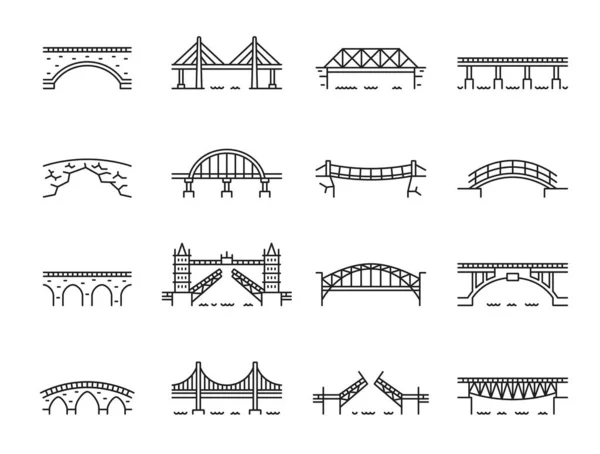 Lijnbrug Pictogrammen Viaduct Bogen Rivier Spoorweg Bruggen Vector Symbolen Bouw — Stockvector