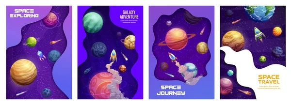 Página Destino Espacial Galáxia Estrelada Planetas Foguetes Espaciais Layout Landing —  Vetores de Stock