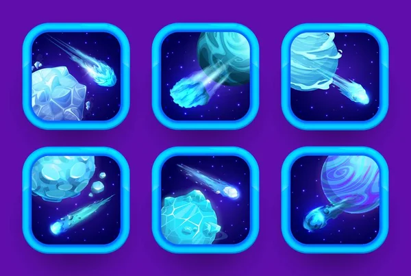 Ícones Aplicativos Jogos Espaço Desenhos Animados Planetas Azuis Gelo Asteróides — Vetor de Stock