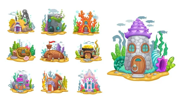 ゲーム資産 ベクトル海底住宅のための水中漫画妖精の家の建物 サンゴ礁 木製のボート ドアと窓のあるシェルとポットの家のマーメイド魚や海洋生物の家 — ストックベクタ