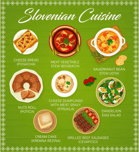 Σλοβένικη Κουζίνα Μενού Πρότυπο Τυρόψωμο Pogacha Στιφάδο Bograch Και Sauerkraut — Διανυσματικό Αρχείο