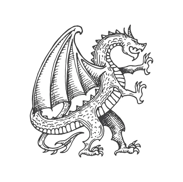 ドラゴン中世の紋章動物モンスターのスケッチ 神話の生き物 伝説の動物や神話の獣ロイヤル刻まれたベクトル記章 腕の魔法の龍のコート 手描きの中世の紋章記号 — ストックベクタ