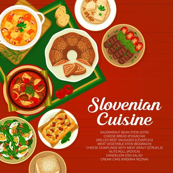 Die Slowenische Küche Deckt Die Speisekarte Sahnetorte Kremna Rezina Würstchen — Stockvektor