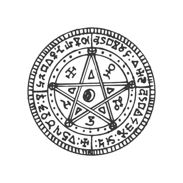 圆圈魔法五边形 圆圈民族护身符草图 传道者神秘的灵性神圣的神秘圈 神秘的护身符与神奇的阿兹特克符号 — 图库矢量图片