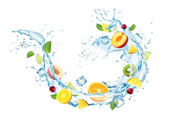 Tourbillonnez Eau Éclaboussure Fruits Flux Liquide Vecteur Réaliste Avec Glaçons — Image vectorielle