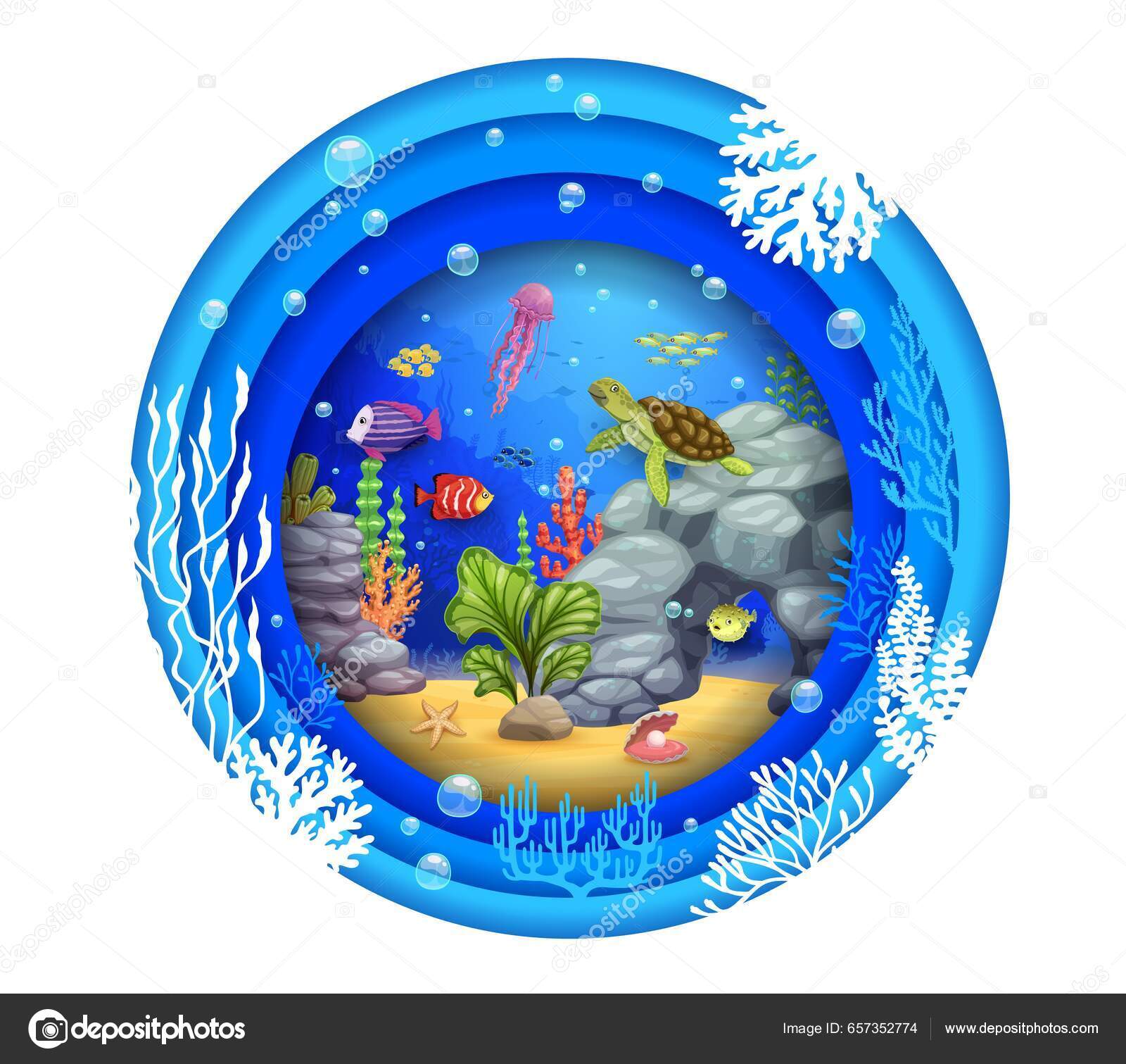 卡通龟鱼和海藻在水下剪纸矢量热带海景以珊瑚礁鱼海带和海带水母的海带为背景的海洋或海底纸图库矢量图©VectorTradition 657352774, image size:1600x1511