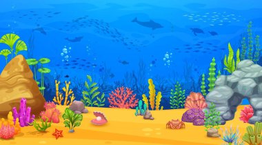 Çizgi film sualtı deniz manzarası. Deniz, okyanus ve akvaryum alt sahnesinin oyun düzeyi vektör arkaplanı. Balıklarla, mercanlarla, yosunlarla, yunuslarla, deniz kaplumbağalarıyla, yengeçlerle dolu mavi su dalgaları.